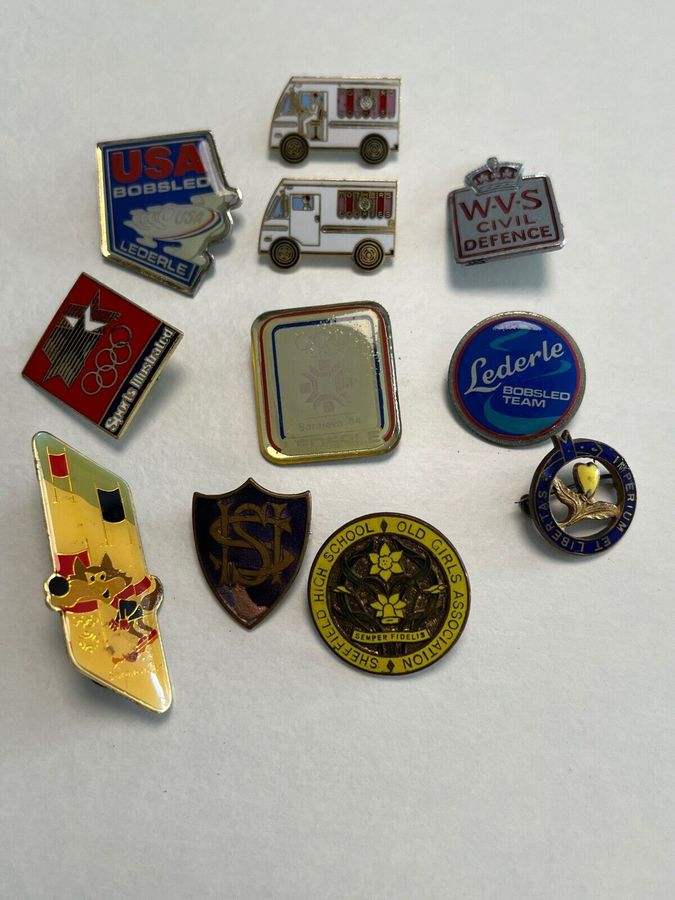 Antique Vintage Enamelled Badges Olympics 1984 Sarajevo Bobsleigh Team Etc