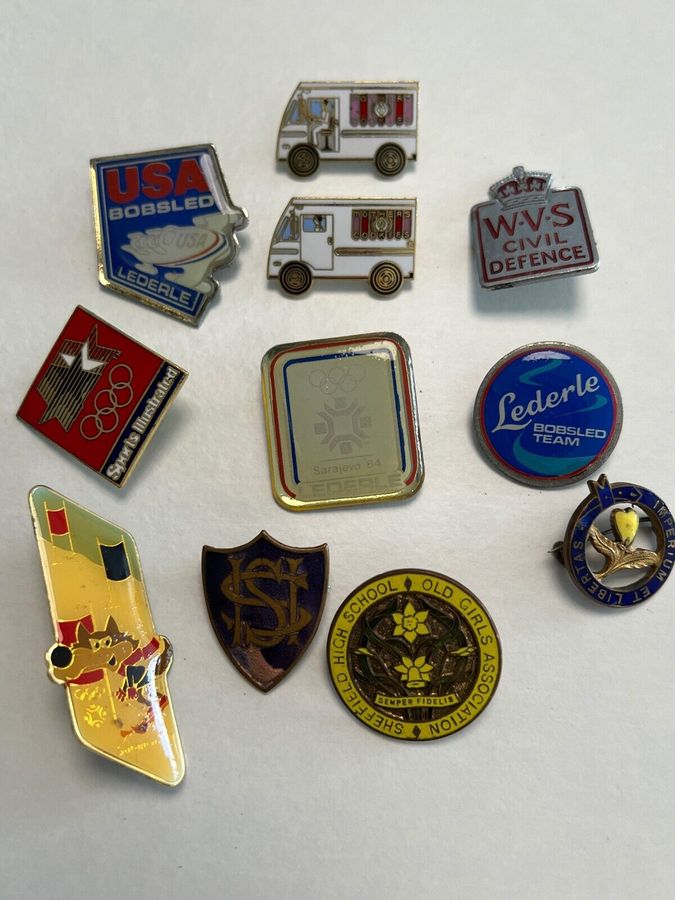 Antique Vintage Enamelled Badges Olympics 1984 Sarajevo Bobsleigh Team Etc