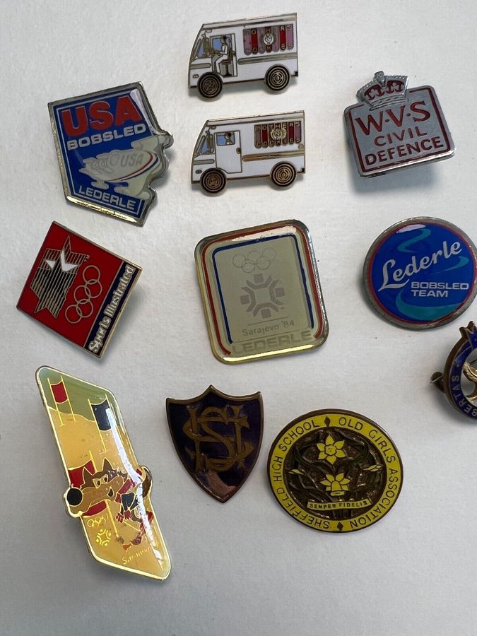 Antique Vintage Enamelled Badges Olympics 1984 Sarajevo Bobsleigh Team Etc