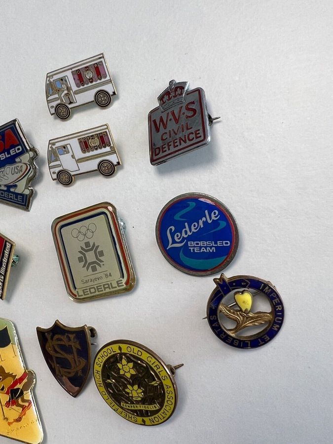 Antique Vintage Enamelled Badges Olympics 1984 Sarajevo Bobsleigh Team Etc