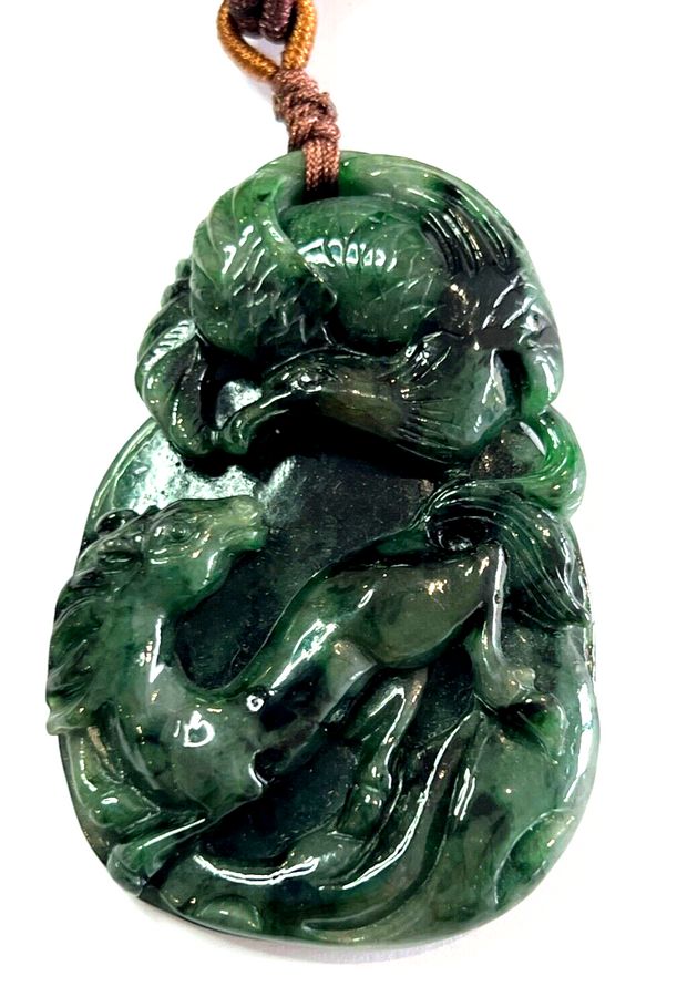 Antique Vintage Spinach Jade Pendant Beautifully Carved  as Horse and a large Bird