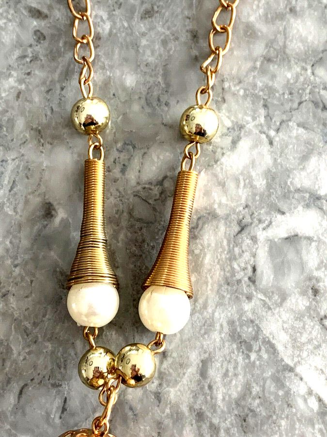 Antique Vintage Art Deco Pearl Bead and Gold Tone Long Necklace Chain Tassels