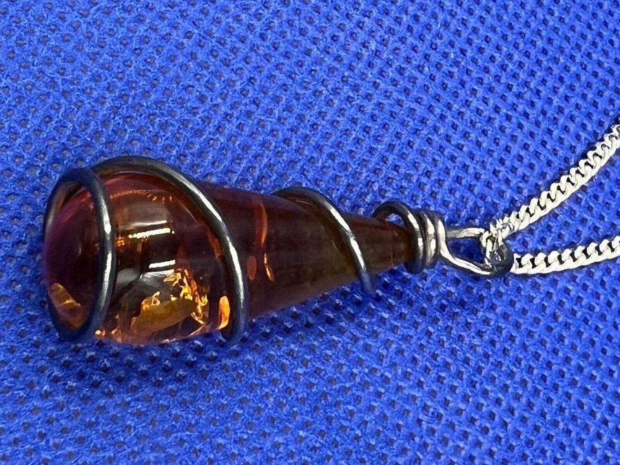 Antique Antique Large Sterling Silver Natural Amber Pendant Thick Sterling Silver Chain