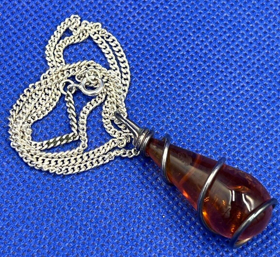 Antique Antique Large Sterling Silver Natural Amber Pendant Thick Sterling Silver Chain