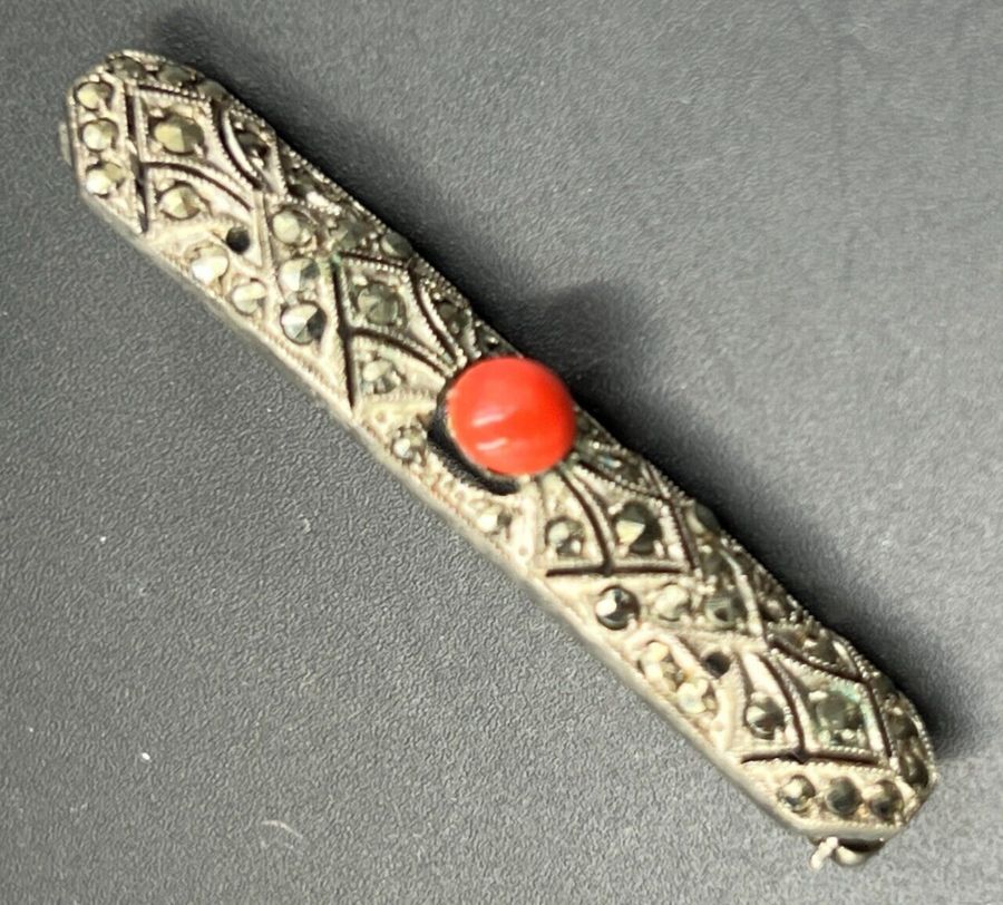 Antique Antique Solid Silver Bar Brooch with Czech Coral & Marcasite Art Deco