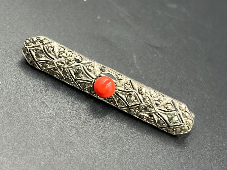 Antique Antique Solid Silver Bar Brooch with Czech Coral & Marcasite Art Deco