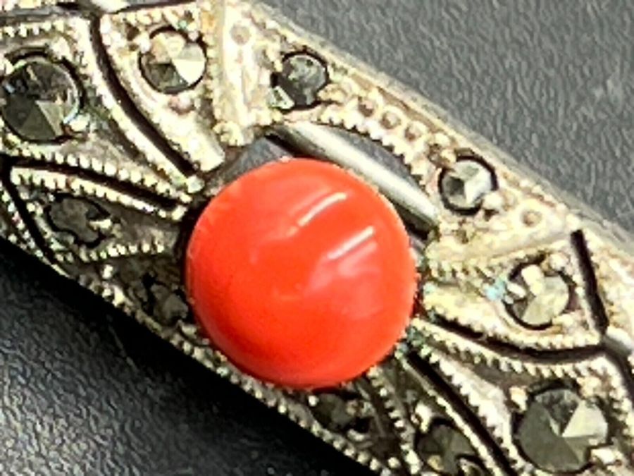 Antique Antique Solid Silver Bar Brooch with Czech Coral & Marcasite Art Deco