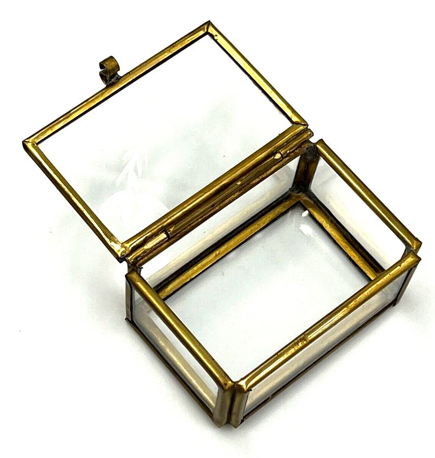 Antique Vintage Miniature Trinket Box Brass and Hand Etched Glass