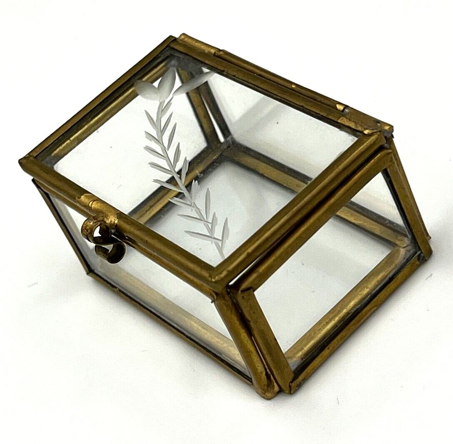 Antique Vintage Miniature Trinket Box Brass and Hand Etched Glass