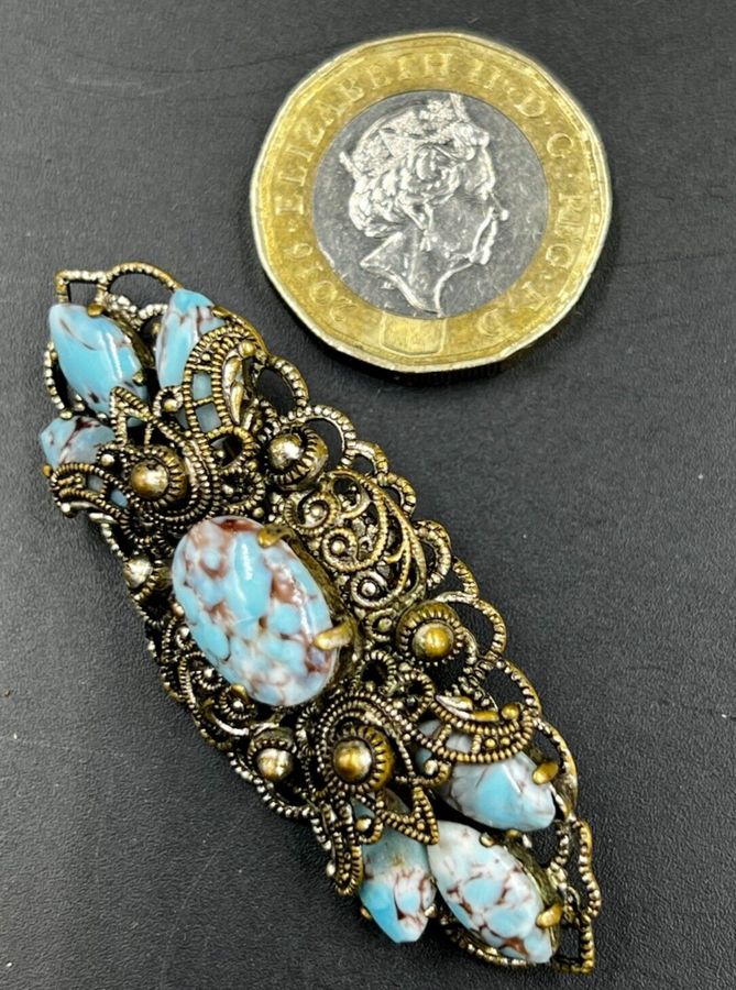 Antique Antique Victorian Large Brooch Set with Czech Turquoise Matrix