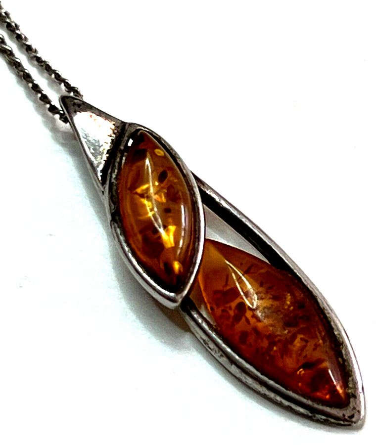 Antique Antique Art Deco Hallmarked Natural Amber Pendant and Silver Chain Silver Mount