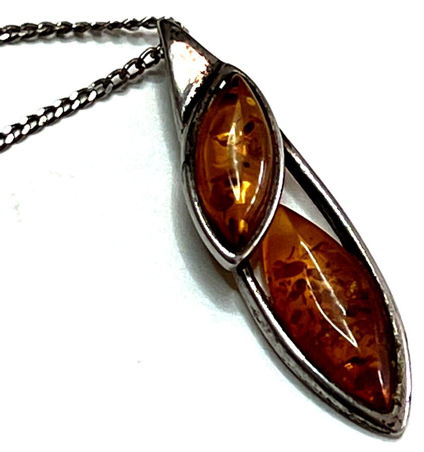 Antique Antique Art Deco Hallmarked Natural Amber Pendant and Silver Chain Silver Mount