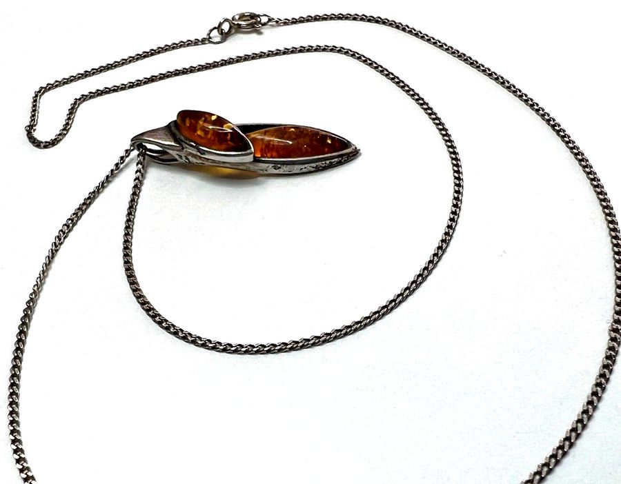 Antique Antique Art Deco Hallmarked Natural Amber Pendant and Silver Chain Silver Mount