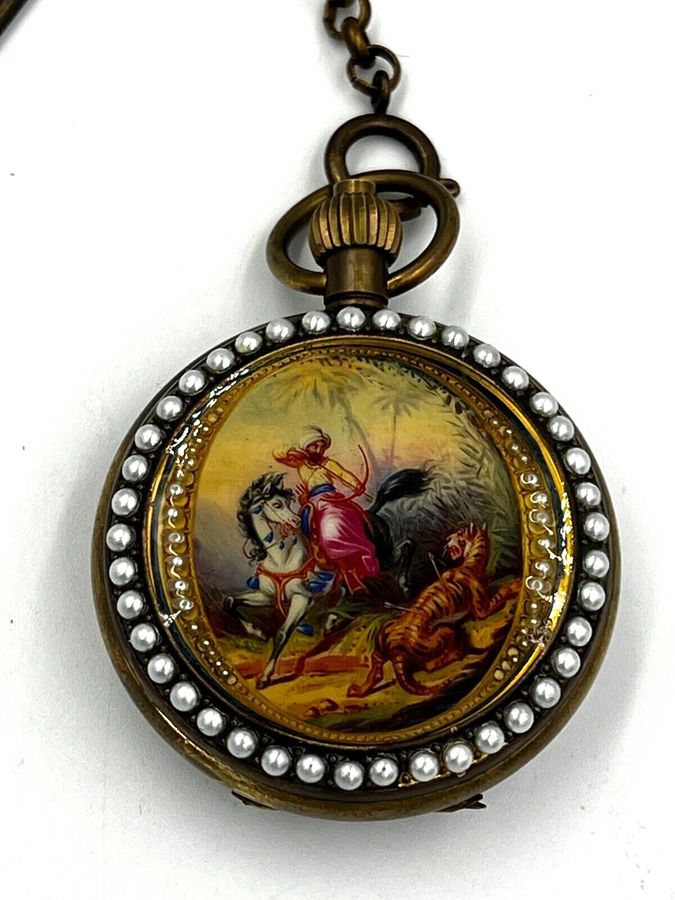 Antique Vintage Unusual Brass Omega Swiss Pocket Watch & Albert Chain Enamelled