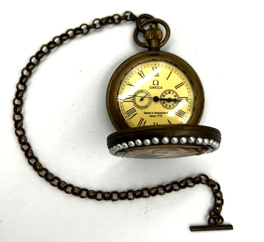 Antique Vintage Unusual Brass Omega Swiss Pocket Watch & Albert Chain Enamelled