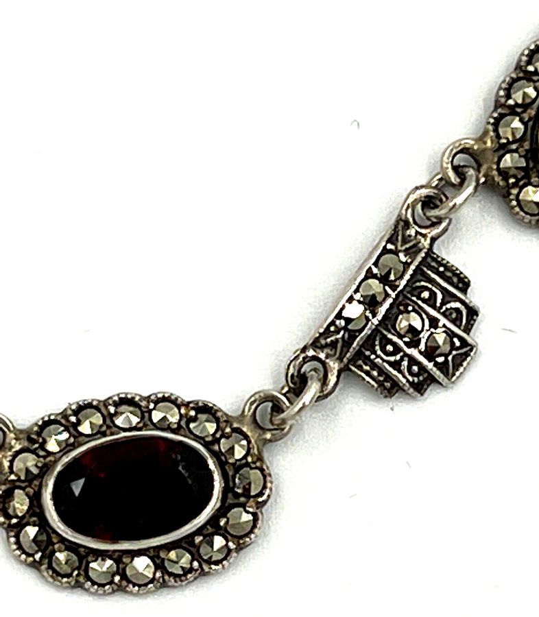 Antique Vintage Art Deco Solid Silver  5 x Large Garnets  & Marcasite Necklace Choker