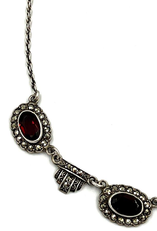 Antique Vintage Art Deco Solid Silver  5 x Large Garnets  & Marcasite Necklace Choker