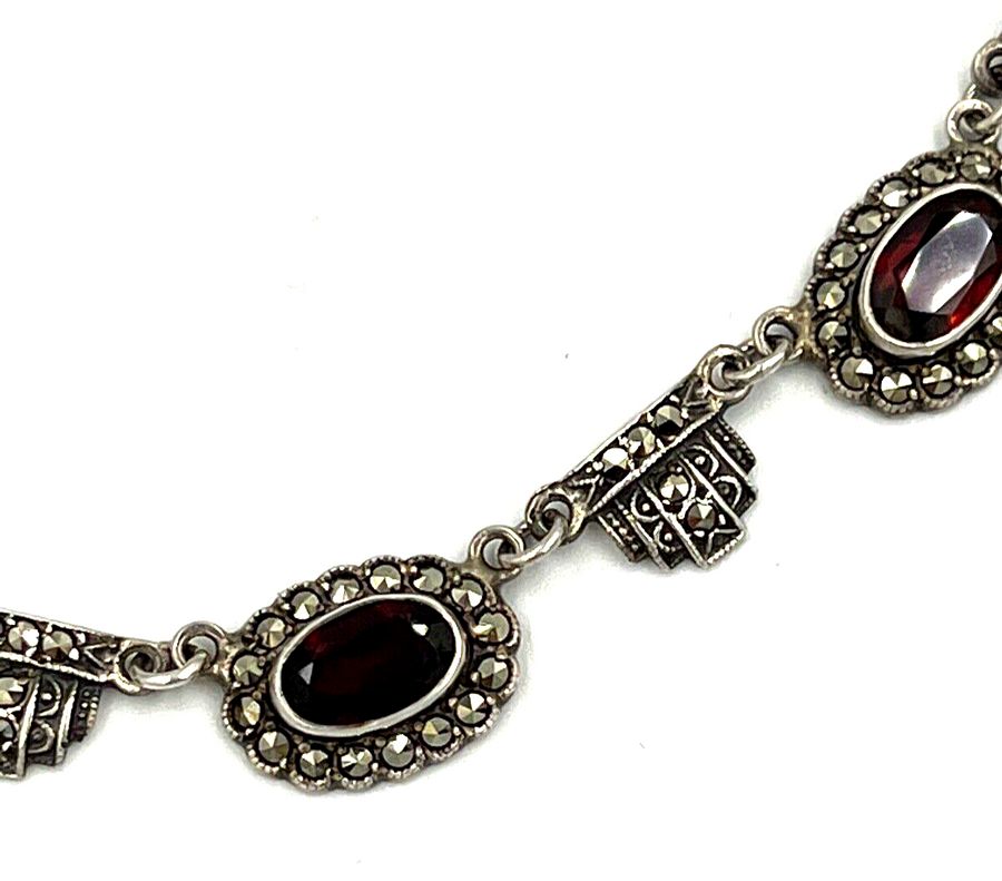 Antique Vintage Art Deco Solid Silver  5 x Large Garnets  & Marcasite Necklace Choker