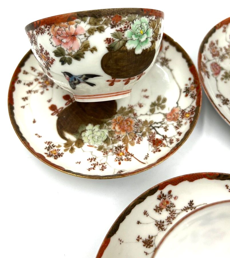 Antique Antique Art Deco Set of 3 Chinese Hand Painted Tea Cups & Saucers