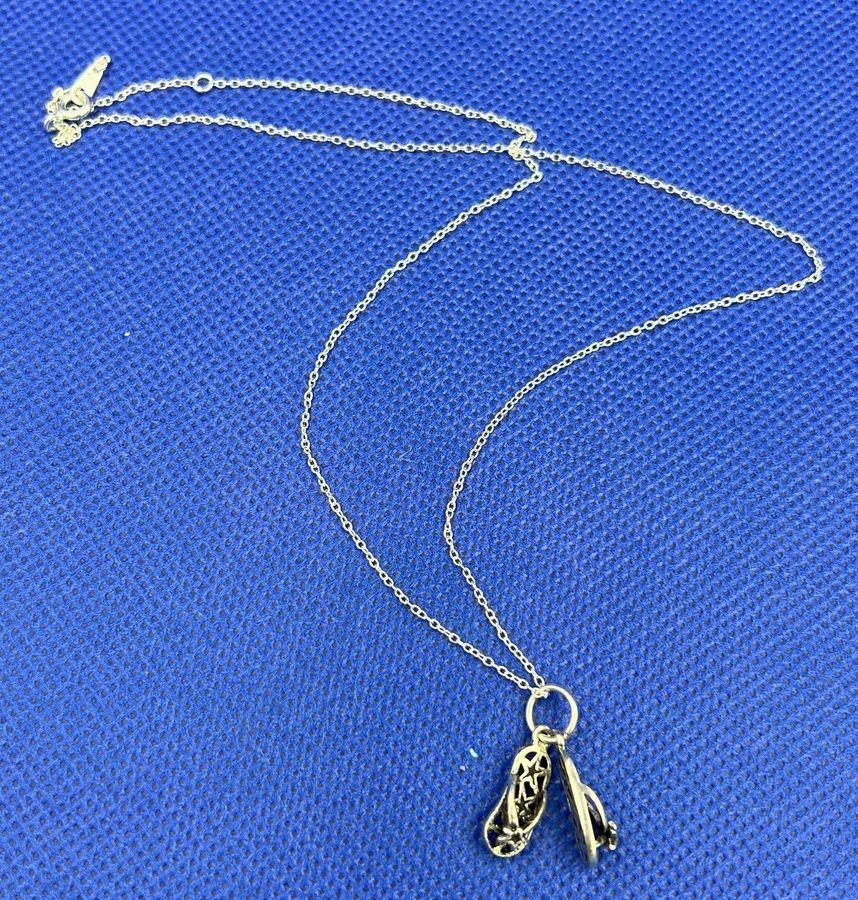 Antique Vintage Sterling Silver Novelty Flip Flop Pendant on Sterling Silver Chain