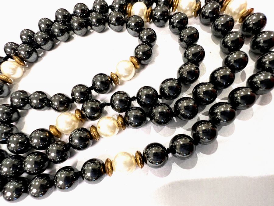 Antique Vintage Heavy Hematite and Pearl Long Necklace