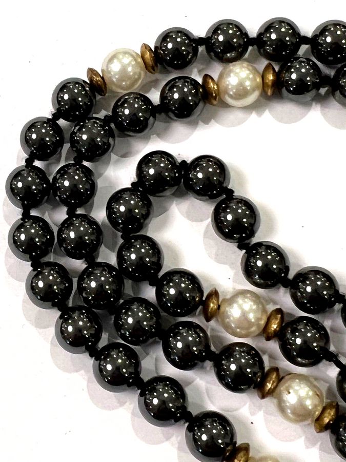 Antique Vintage Heavy Hematite and Pearl Long Necklace