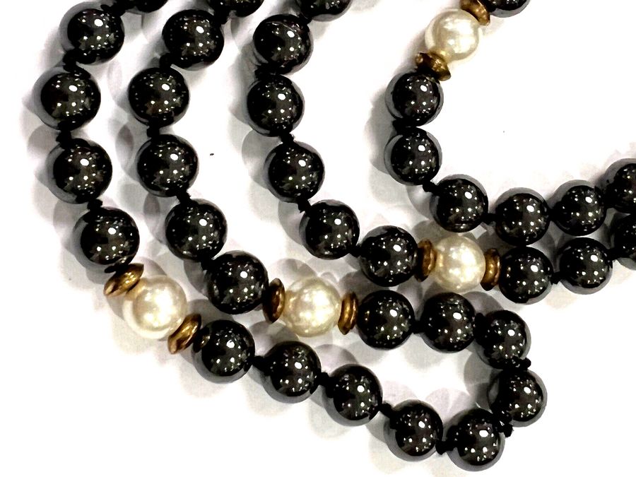 Antique Vintage Heavy Hematite and Pearl Long Necklace