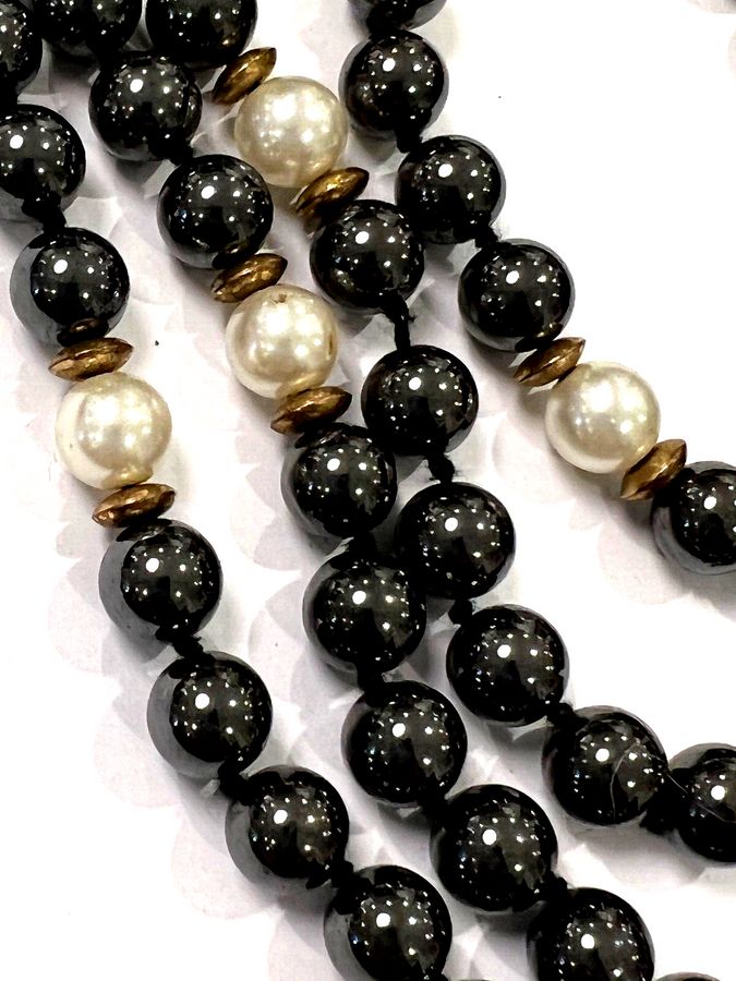 Antique Vintage Heavy Hematite and Pearl Long Necklace