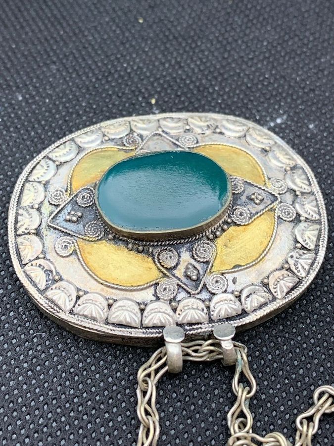 Antique Vintage Pendant on chain Central enamel section Silver Plated Pendant