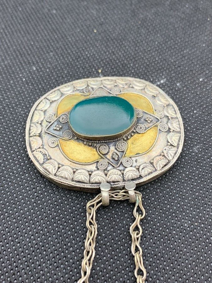 Antique Vintage Pendant on chain Central enamel section Silver Plated Pendant