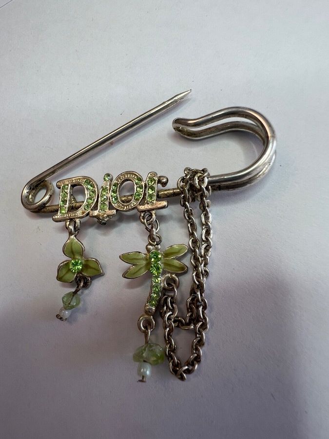 Antique Vintage Safety Kilt Pin White metal Green stones