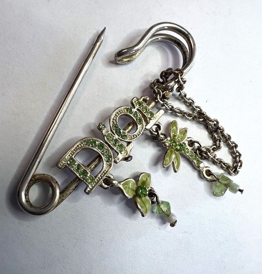 Antique Vintage Safety Kilt Pin White metal Green stones