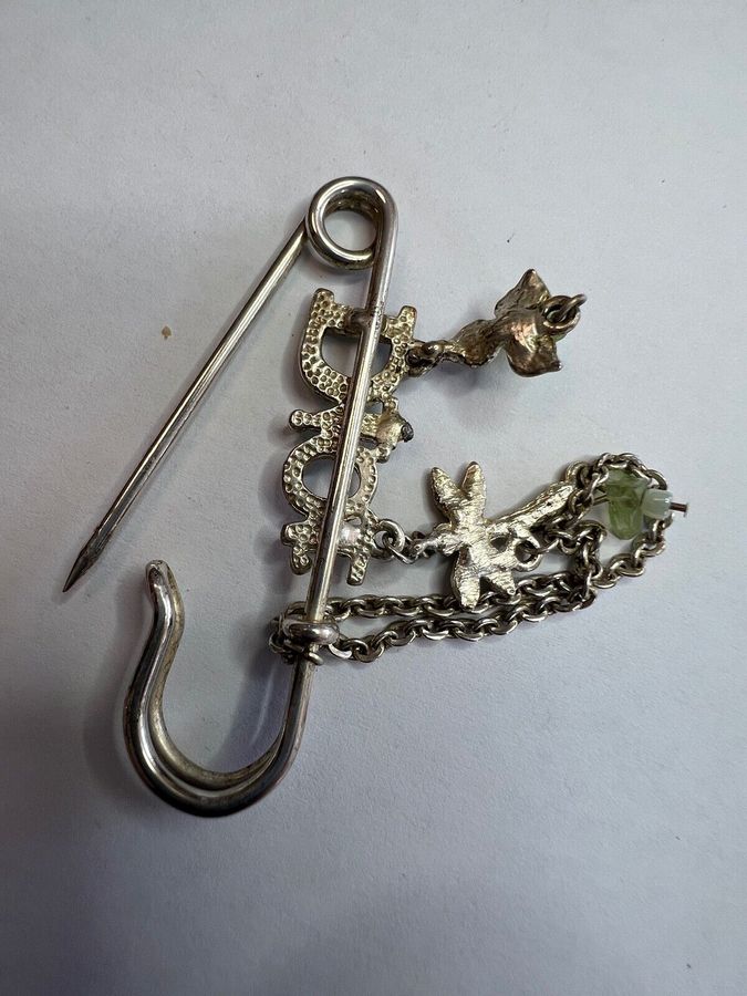 Antique Vintage Safety Kilt Pin White metal Green stones