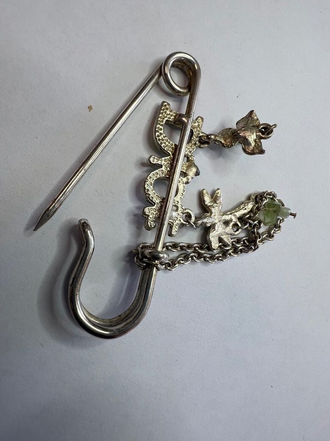 Antique Vintage Safety Kilt Pin White metal Green stones