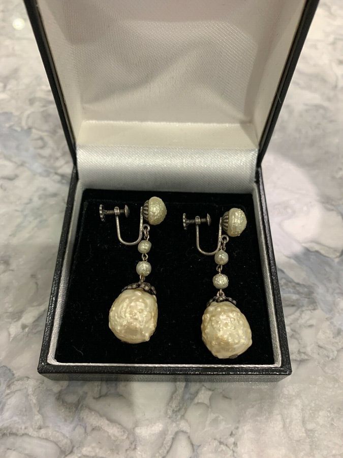 Antique French Vintage Art Deco Louis Rousselet Baroque Pearl Earrings