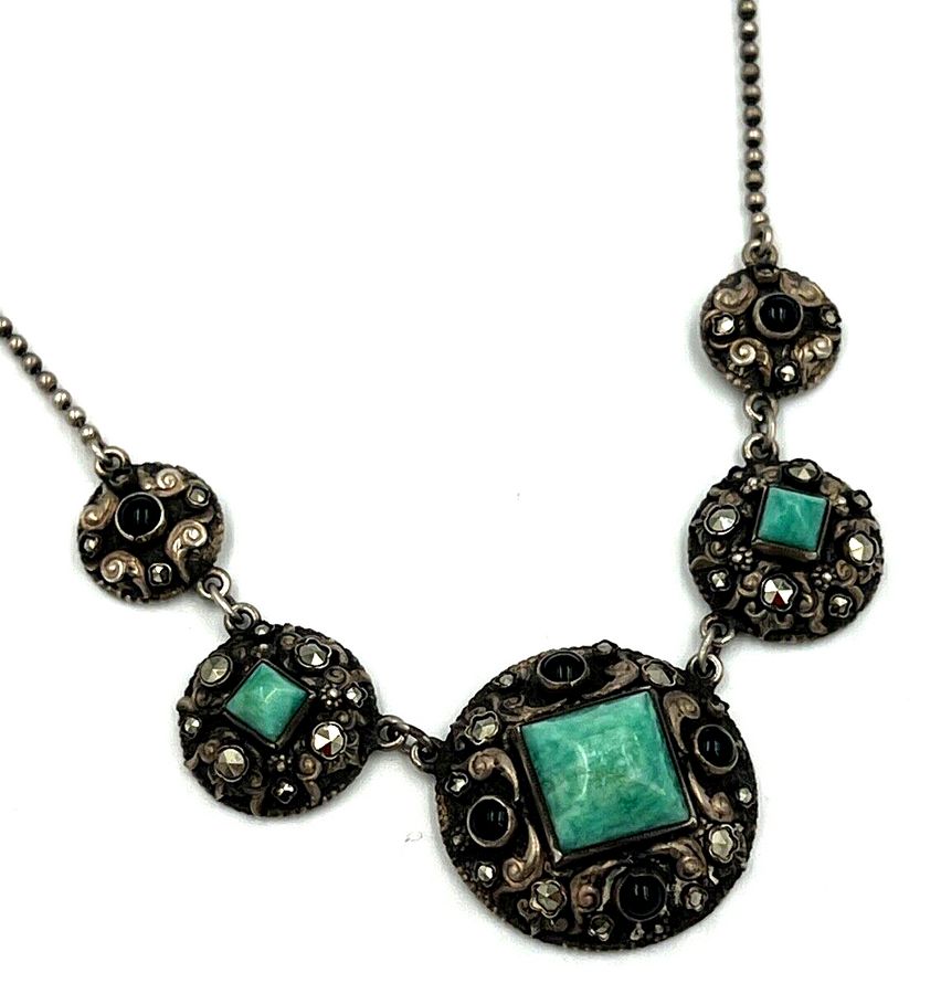 Antique Antique Riviere Necklace Amazonite Marcasite & Onyx Set into Silver Hallmarked