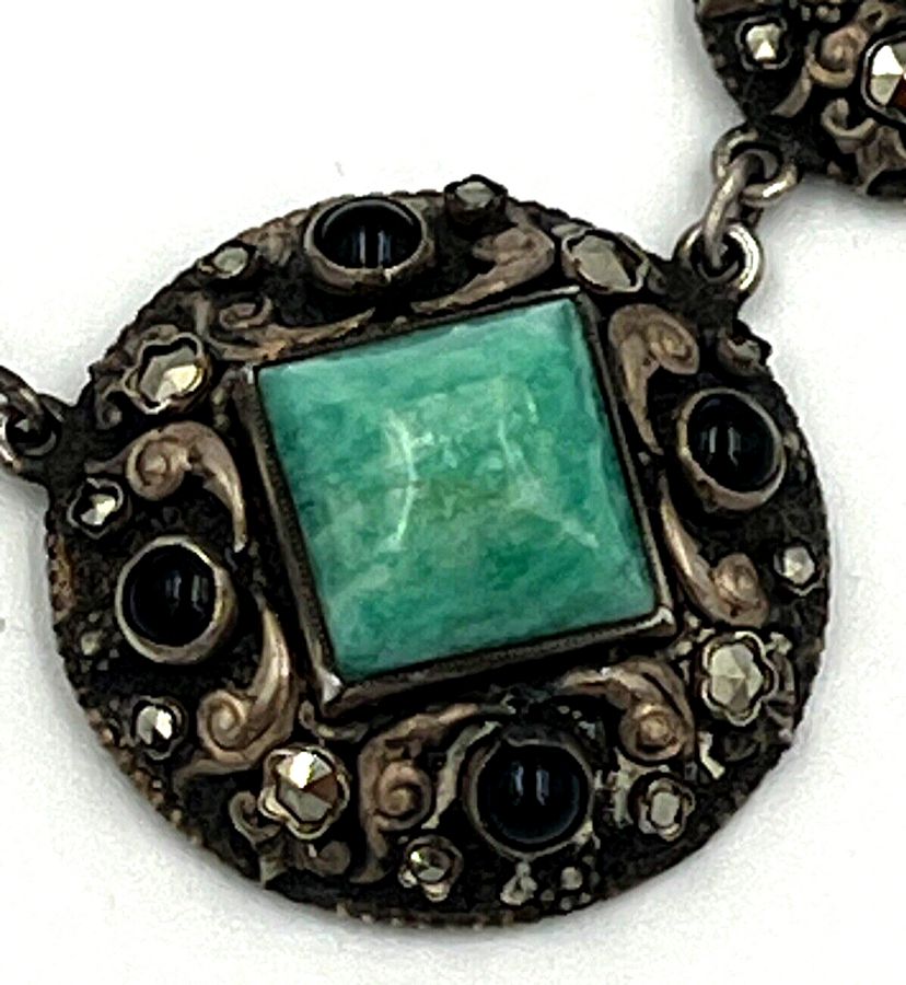 Antique Antique Riviere Necklace Amazonite Marcasite & Onyx Set into Silver Hallmarked