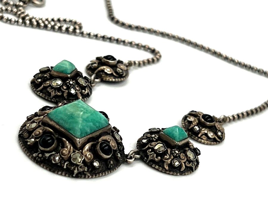 Antique Antique Riviere Necklace Amazonite Marcasite & Onyx Set into Silver Hallmarked