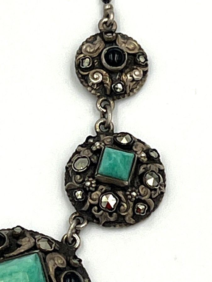 Antique Antique Riviere Necklace Amazonite Marcasite & Onyx Set into Silver Hallmarked