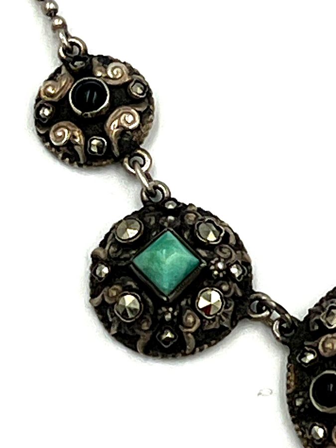 Antique Antique Riviere Necklace Amazonite Marcasite & Onyx Set into Silver Hallmarked