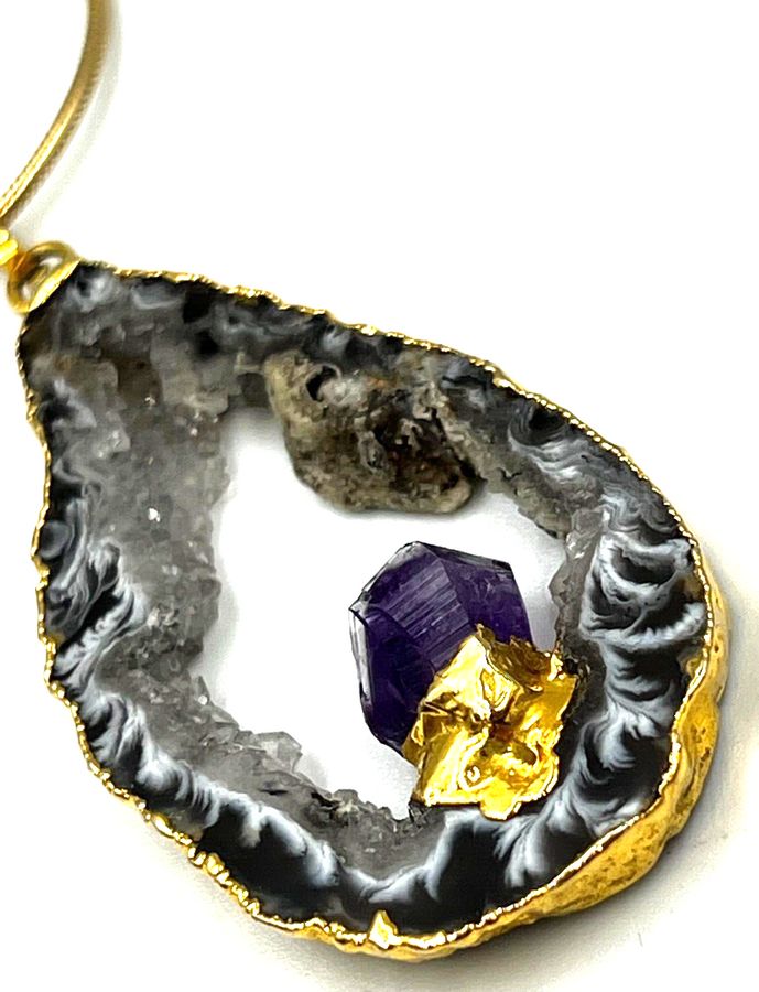 Antique Vintage Crystal &Amethyst Gold Plated Pendant 925 Silver Gold Plated Snake Chain