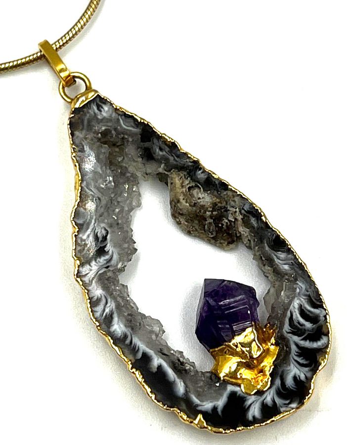 Antique Vintage Crystal &Amethyst Gold Plated Pendant 925 Silver Gold Plated Snake Chain