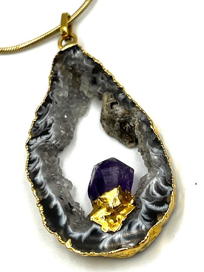 Antique Vintage Crystal &Amethyst Gold Plated Pendant 925 Silver Gold Plated Snake Chain