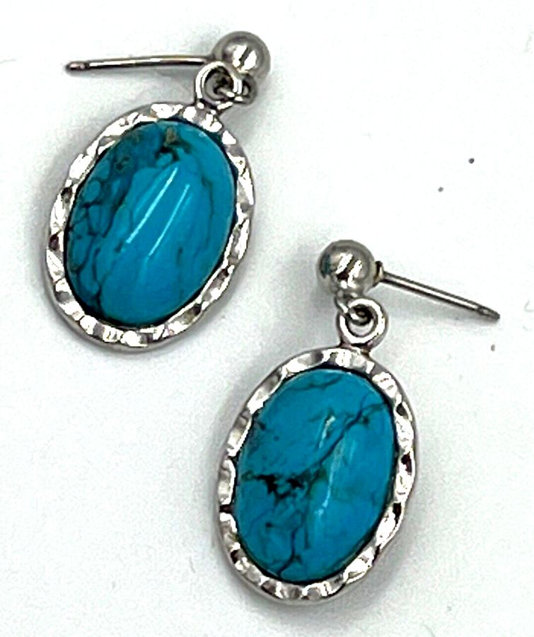 Antique Vintage Art Deco  Cabouchon Turquoise Matrix Silver Plated Earrings Pierced Ears