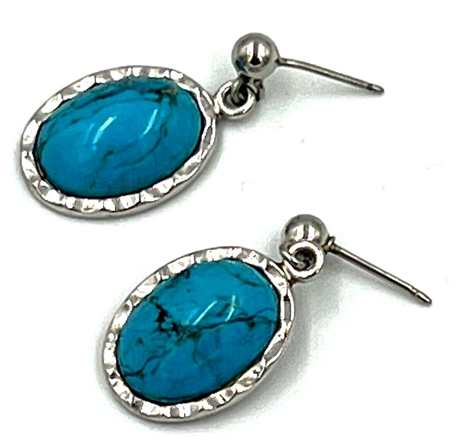 Antique Vintage Art Deco  Cabouchon Turquoise Matrix Silver Plated Earrings Pierced Ears