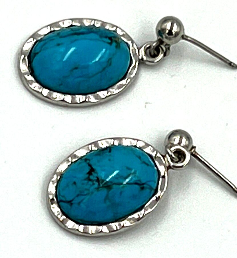 Antique Vintage Art Deco  Cabouchon Turquoise Matrix Silver Plated Earrings Pierced Ears