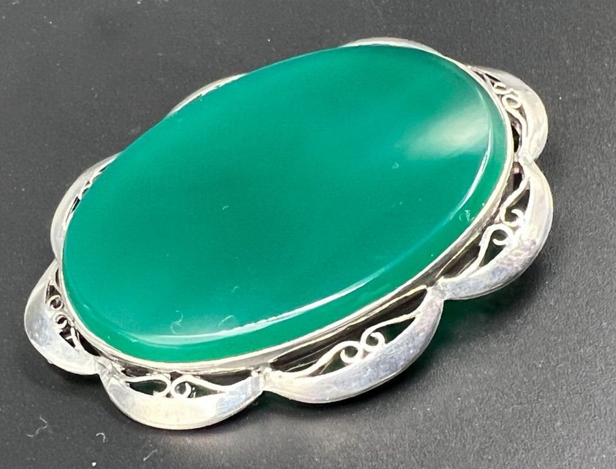 Antique Antique Solid Silver & Chrystoprase Large Brooch Hallmarked