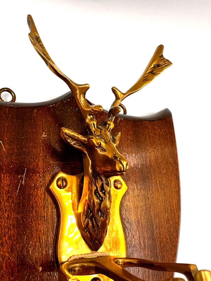 Antique Antique Brass Stags Head & Wood Shield Plaque Dinner Gong