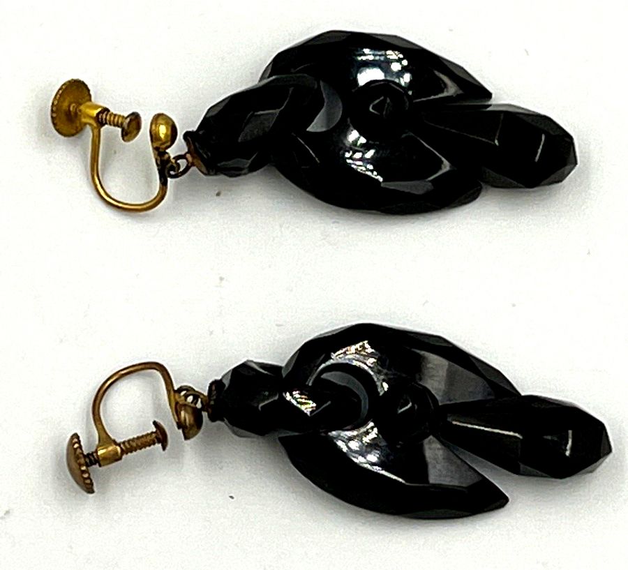 Antique Victorian Earrings Whitby Jet Hand Carved Dangle Screw Back Faceted Antique