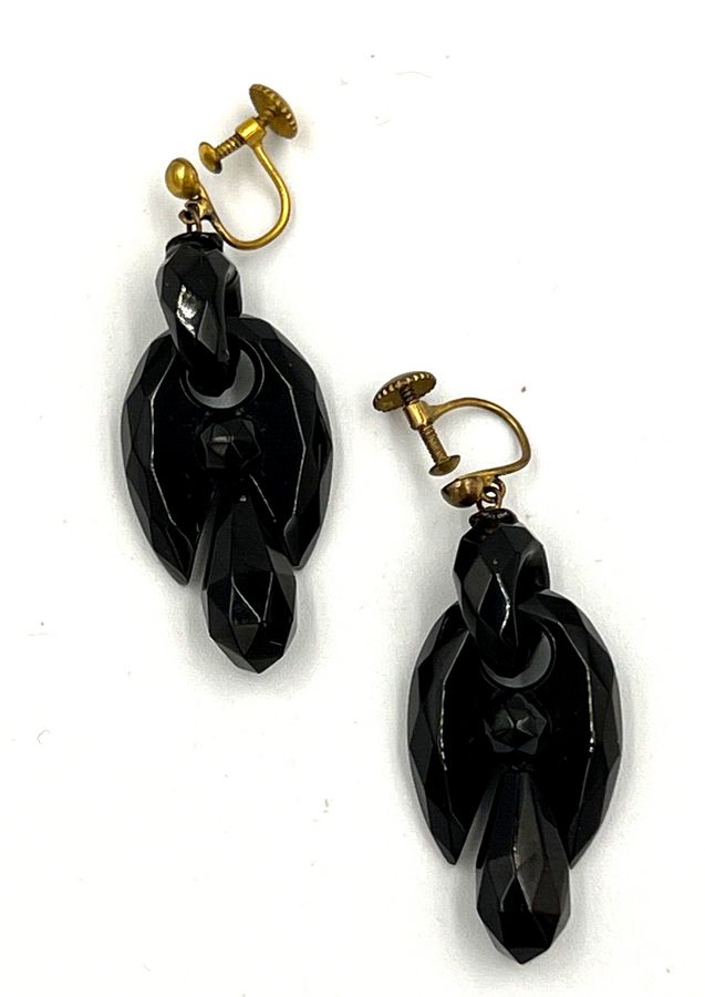 Antique Victorian Earrings Whitby Jet Hand Carved Dangle Screw Back Faceted Antique